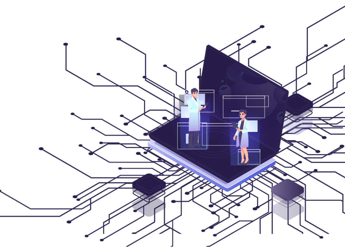 An illustration of a radiologist sitting at a workstation with multiple monitors, analyzing medical imagery, with an MRI machine and a patient in the background.